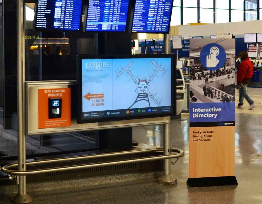 Interactive wayfinder with boarding pass scanner at Boston Logan Airport