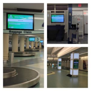 Baggage Claim Screen, Gate Screen and advertising screen all showing EMS test message.