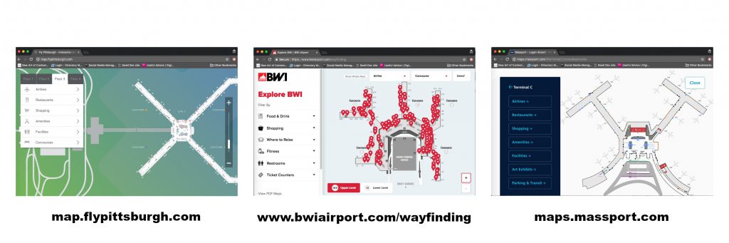 Screen captures of Interactive maps at PIT, BWI and BOS