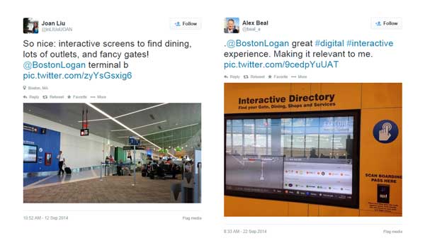 Image of two tweets about Art of Context award winning digital signage.  Joan Liu tweets "So nice: interactive screens to find dining, lots of outlets and fancy gates!  •  Alex Beal  tweets "@BostonLogan Great #digital #interactive experience making it relevant to me. 