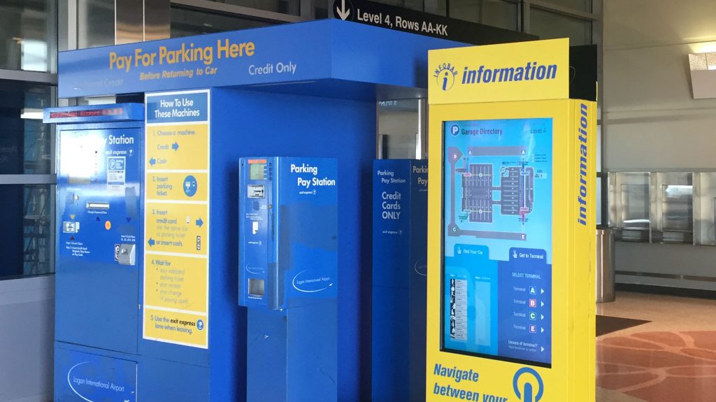 Horizontal image of parking payment Kiosk and Parking wayfiniding kiosk in Central Parking at BOS