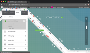 American Airlines is selected and there is an option to show ticketing or gates, Gates is chosen and there is an arrow pointing to the American Airlines gates on Concourse B