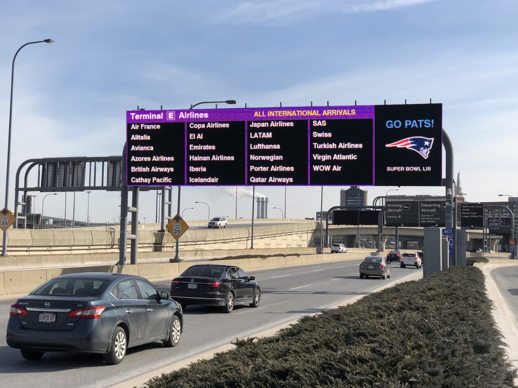 Terminal E roadway sign. Lists all Terminal E airlines and Go Pats for the Patriots 2019 Superbowl berth