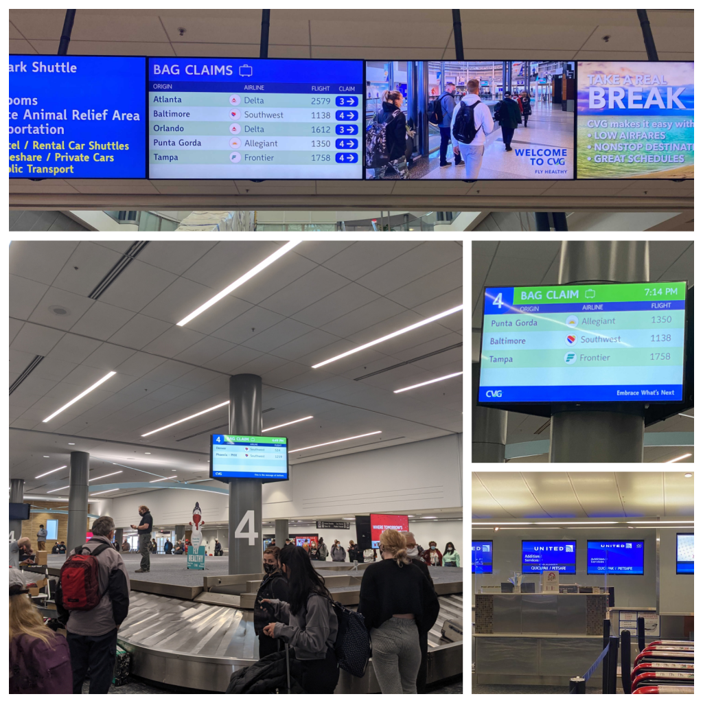 Collage of four photos showing CVG Baggage information displays (BIDS)