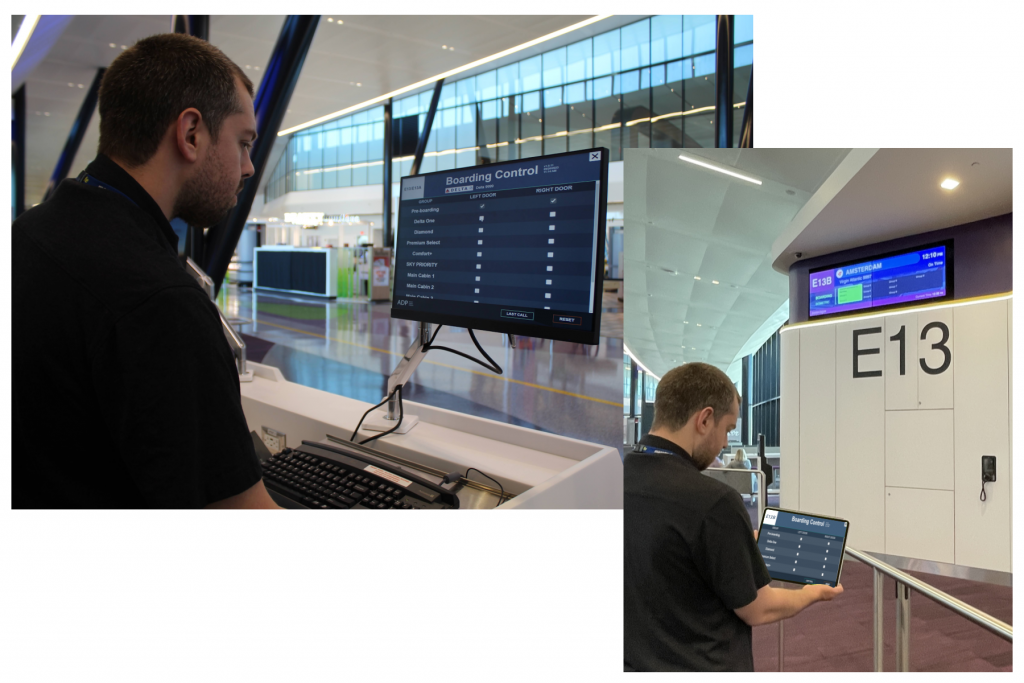 Examples of the boarding solution interface on a common use desktop screen and on a tablet.